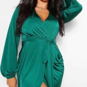 Boohoo Elegant Green Satin Wrap Dress